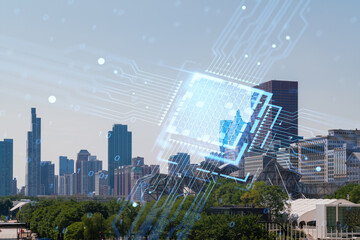 A hologram of digital graphics overlaying a city skyline, representing technology and future...