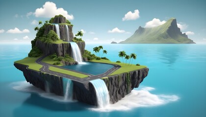 3D-illustration-of-floating-road-with-tropical-island--piece-of-land-with-waterfall-and-ocean-with-beautiful-landscape-isolated--sea-with-asphalt-road-and-mountains-isolated-with-clouds