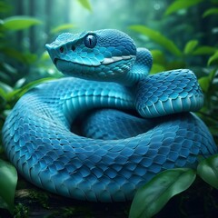 The Blue Pit Viper has a slim body and bright blue scales.