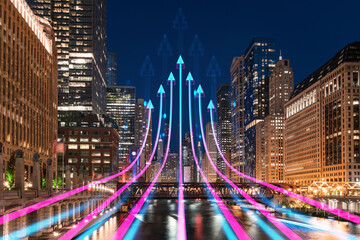 Chicago downtown skyline with futuristic hologram arrows over the bridge, nighttime cityscape...
