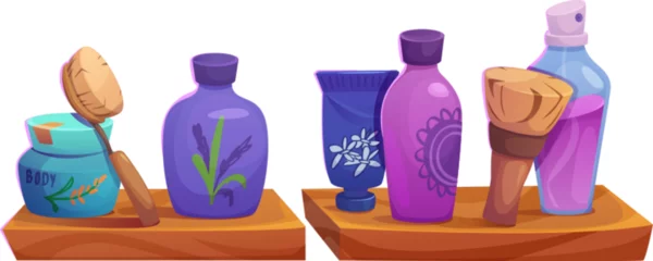  Skincare and cleansing product plastic bottles, brushes and jars on wooden shelves. Cartoon vector illustration set of container and packaging with face and body hygiene supplies. Everyday cosmetic. © klyaksun