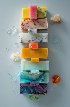 Craft a visually stimulating graphic showcasing soap bars that transform into storytelling devices Each layer unravels a new image, creating a compelling narrative
