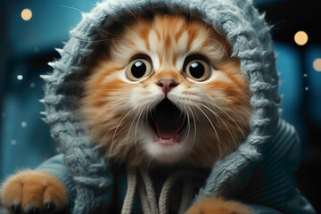 An adorable kitty wearing a cozy winter sweater and a knitted hat, joyfully leaping in the air...