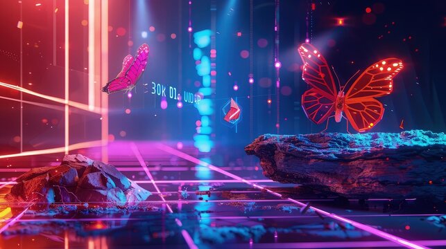 An enchanting graphics background featuring a symphony of neon lights and ethereal butterflies. The neon lights pulse and flicker in a mesmerizing display of color.