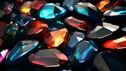 Set of colorful crystals and light flares gemstones shimmering on a dark background