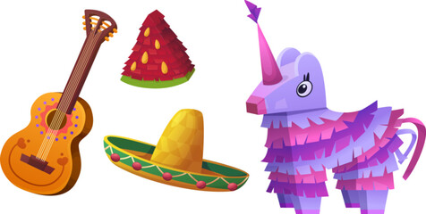 Mexican festival or holiday traditional elements - paper donkey and watermelon pinata, sombrero hat and guitar. Cartoon vector illustration set of fiesta, birthday party and cinco de mayo accessory. - obrazy, fototapety, plakaty