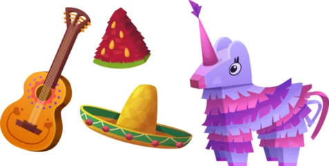 Foto op Plexiglas Mexican festival or holiday traditional elements - paper donkey and watermelon pinata, sombrero hat and guitar. Cartoon vector illustration set of fiesta, birthday party and cinco de mayo accessory. © klyaksun