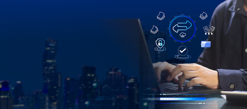  (SFTP) secure file transfer protocol and backup data, document management system, exchange information and data with Internet cloud technology concept