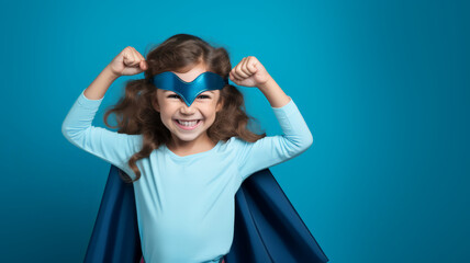 Strong children girl in colorful superhero costumes outfits having fun and grimacing ,a Children day