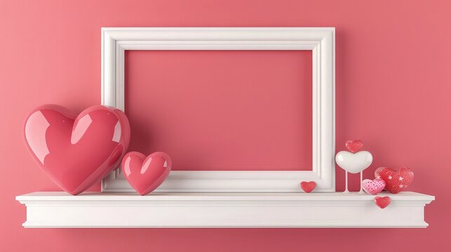  An empty photo frame adorned with delicate hearts hangs against a soft pink wall, creating a charming and romantic display. 