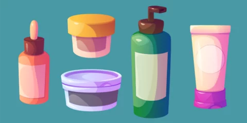 Muurstickers Cosmetic product bottles set isolated on background. Vector cartoon illustration of plastic jar, tube, dispenser and pipette bottle, body skin care cream, lotion, face scrub, mask, hair shampoo © klyaksun