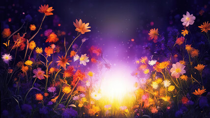 magic fairy tale blooming Purple flowers - obrazy, fototapety, plakaty