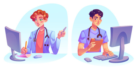Doctors working on computer in hospital. Vector cartoon illustration of male and female medics providing telemedicine consultation, talking to patient online, making prescription, clinic services - obrazy, fototapety, plakaty