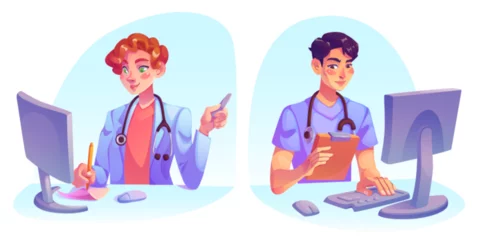 Poster Doctors working on computer in hospital. Vector cartoon illustration of male and female medics providing telemedicine consultation, talking to patient online, making prescription, clinic services © klyaksun