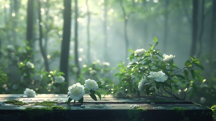 In the forest, on an open platform with Camellia japonica and greenery in the background, a little fresh style, soft light, minimalism