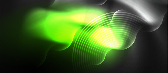 A mesmerizing green and yellow glowing wave appears against the darkness, resembling automotive lighting. The visual effect lighting creates a stunning pattern in macro photography