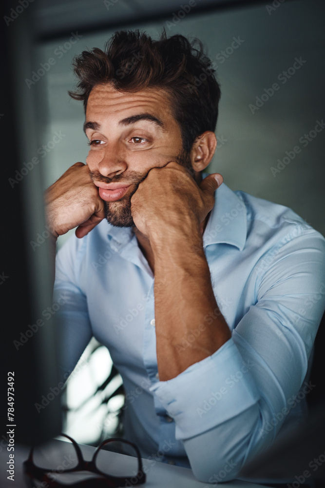 Leinwandbilder Man, tired and bored in desk with computer for coding, programming and software development at night. Business fatigue, late or night for information technology and engineer with burnout in dark
