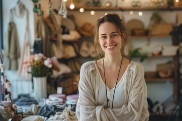 Smiling woman in a boutique setting - obrazy, fototapety, plakaty