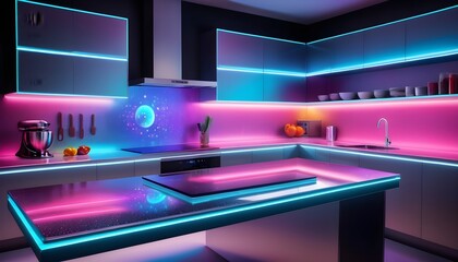 An ultramodern kitchen space with holographic countertops displaying interactive recipes,...