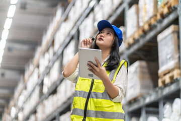 Female engineer is handling shipping and checking stock inventory in the warehouse with a tablet,...