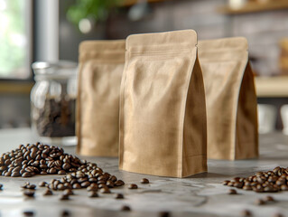 Blank craft paper coffee bags on a kitchen counter, photorealistic style, concept of packaging design mockup. Generative AI