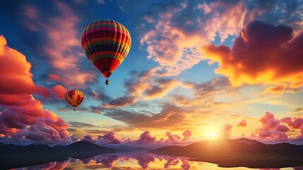 Obraz premium Hot air balloon over the lake at sunset, beautiful landscape