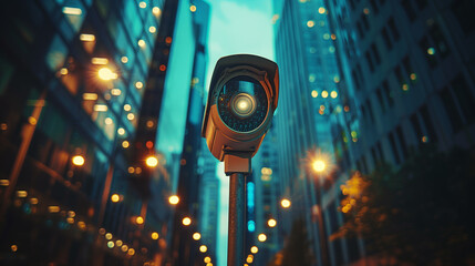 A CCTV camera mounted on a pole with illuminated city buildings in the background, representing a security concept. Generative AI - obrazy, fototapety, plakaty