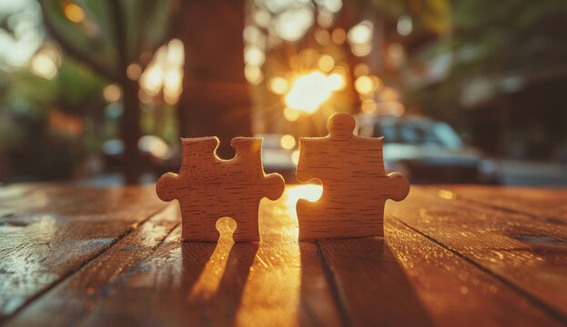 Two puzzle pieces on a wooden table with sunlight in the background, concept of connection. Generative AI
