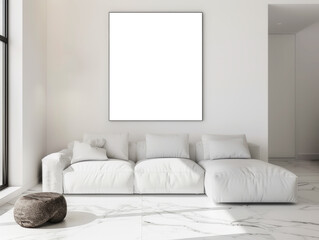 A modern living room with a white L-shaped sofa and a blank poster on the wall, all on a marble floor, Generative AI.