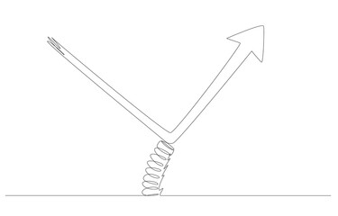 Continuous one line drawing of arrow bouncing up from springboard, economic recovery, stock market rebound concept, single line art.