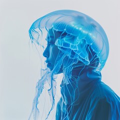 Bioluminescent woman jellyfish, underwater scene, ethereal glow, surreal beauty, 