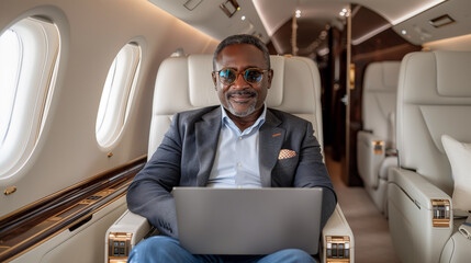A man in business attire working on a laptop in a luxurious private plane cabin, concept of premium...