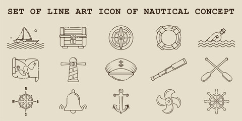 set of nautical icon line art vector illustration template graphic design. bundle collection of various marine sign or symbol for sailor and navy concept