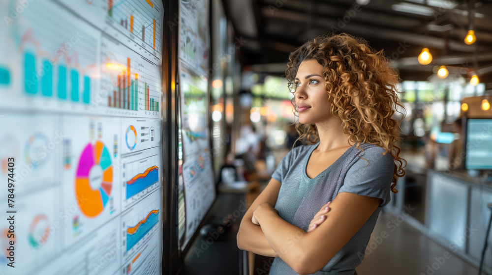 Poster a businesswoman analyzing colorful charts and graphs on a digital display in an office setting, conc