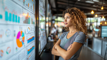 A businesswoman analyzing colorful charts and graphs on a digital display in an office setting, concept of data analysis, Generative AI.