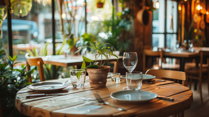 An empty table set for dining in a cozy restaurant, bathed in warm light, with a potted plant centerpiece. Generative AI