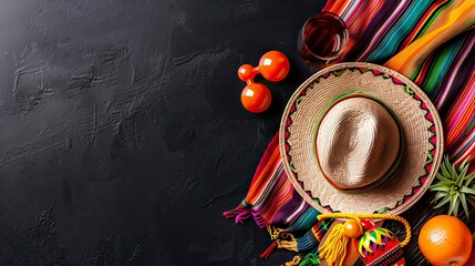 Photo of Mexican party decoration with sombrero on a black background, with empty space for text. Cinco de Mayo celebration idea.