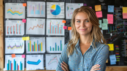 A smiling woman in front of a wall with various business charts and sticky notes, depicting business analysis. Generative AI
