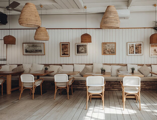 Interior of an empty cafe with wooden furniture, cushions, woven pendant lights and framed pictures on a light background. Generative AI - 784974698