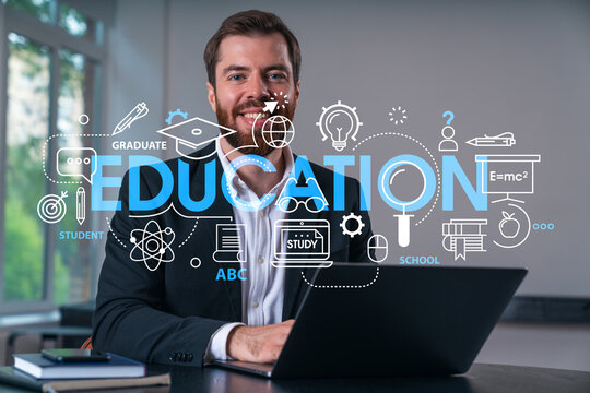 Smiling businessman in formal wear working on laptop at office workplace with smartphone and notebooks. Concept of successful business deal, agreement. Education icons.