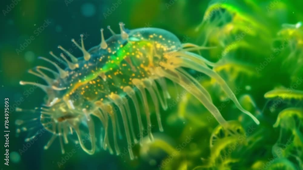 Poster a delicate microorganism with a translucent body adorned with intricate frills and tentacles can be 
