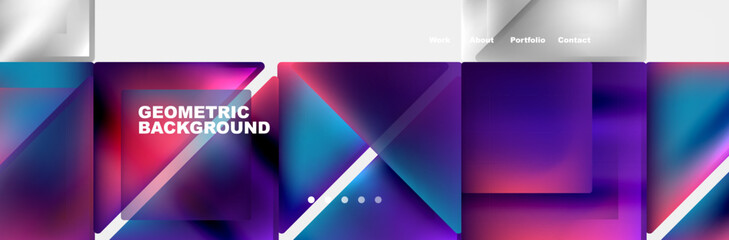 A vibrant geometric background featuring purple triangles, electric blue lines, and magenta rectangles. The pattern includes tints and shades of violet, pink, and other bold colors