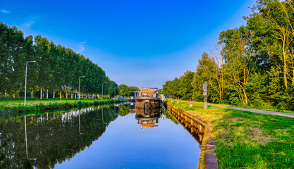 A ship docked at the Wilhelminakanaal canal near the village of Beek en Donk, The Netherlands.