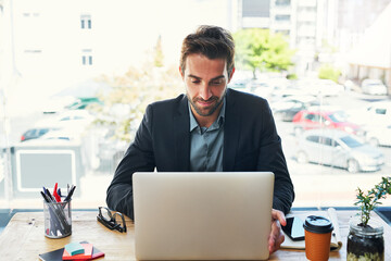Business, thinking and man with laptop, ideas and solution with online reading and problem solving...