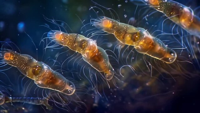 A microscopic image of a group of nematodes crawling on the surface of a submerged rock their tiny hairlike projections visible as . AI generation.