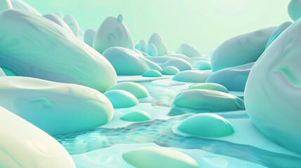Pastel green and blue 3D stream, over egg-shaped stones for serene spaces. - obrazy, fototapety, plakaty