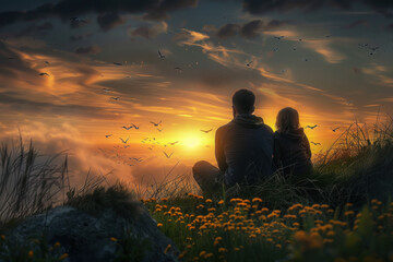 Couple Enjoying a Romantic Sunset Together in a Serene Field of Flowers