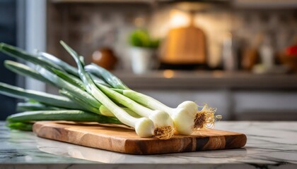 A selection of fresh vegetable: spring onions, sitting on a chopping board against blurred kitchen background; copy space