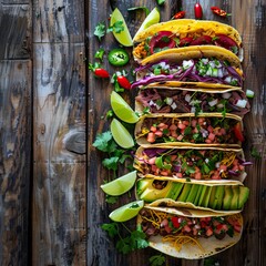 This stock photo shows three tacos with vegetables and meat on a wooden background from a top-down view. Cinco de Mayo celebration idea.