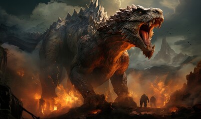 Giant Dinosaur Amid Fire Field